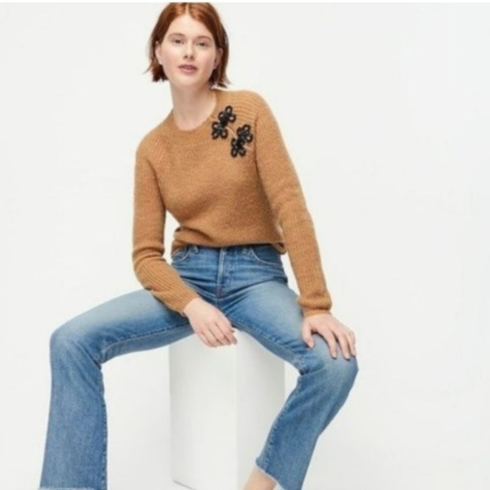 JCrew Sweater Tan Black Floral Accents Wool Alpaca Cable Knit Size XS